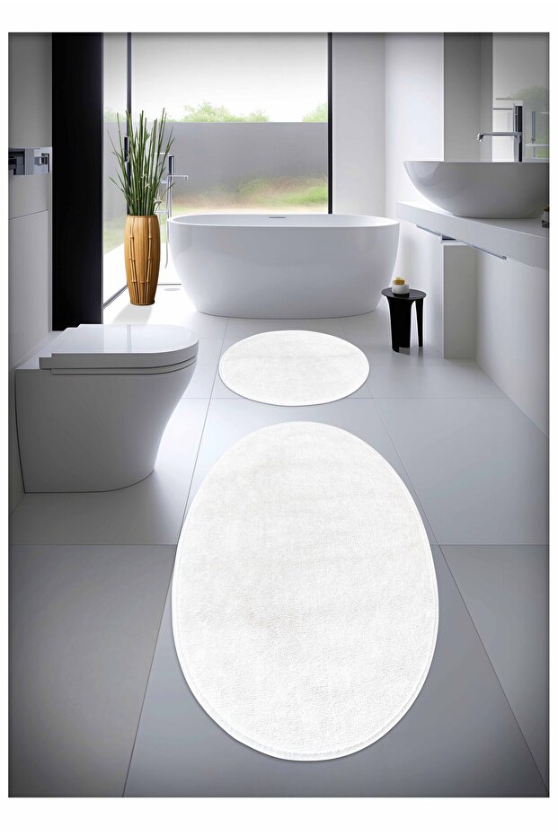 Cotton Woven Water Absorbent Bath Mat Set, Bathroom Rug Flat Oval Pattern Set of 2 70X120 cm - 60X70 cm