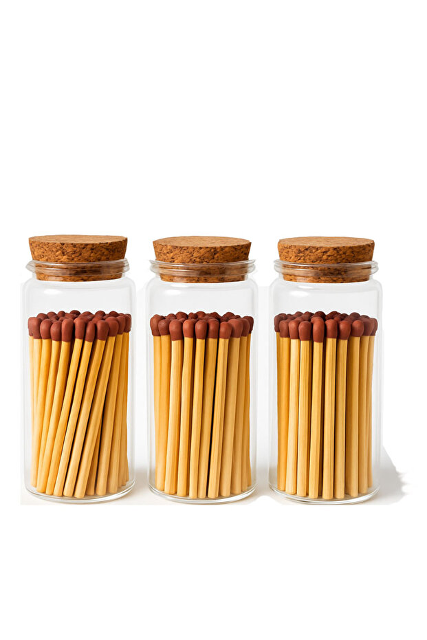 Brown Tip Safety Matches 2 Inch, 15s Burn - Glass Bottle with Cork Lid (3 Pack)