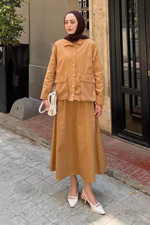 Pocket Detailed Double Skirt Hijab Suit Camel