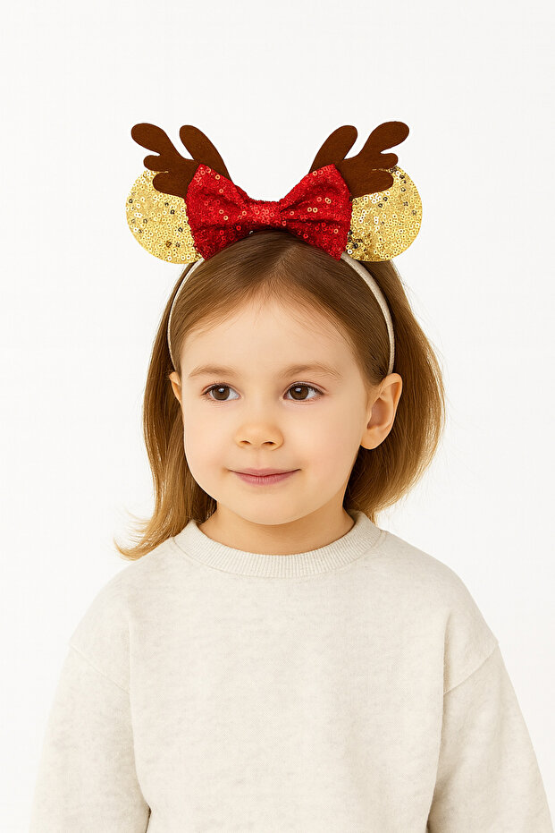 Gold Deer Red Bow Girl's Christmas Crown