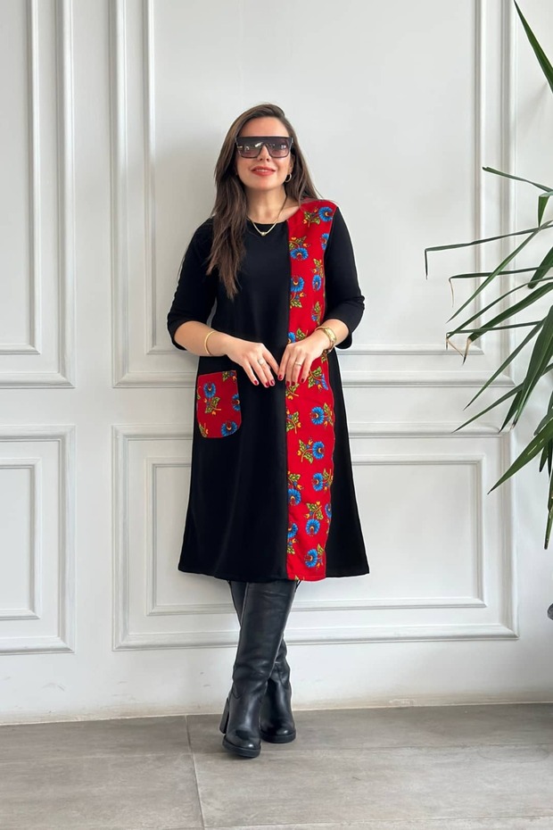 Cotton Dress with Pocket and Side Stripe Flannel Detail