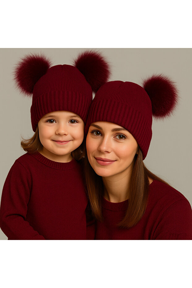 Mother Daughter Matching Beanie – Double Pompom Knitted Hat (Set of 2)