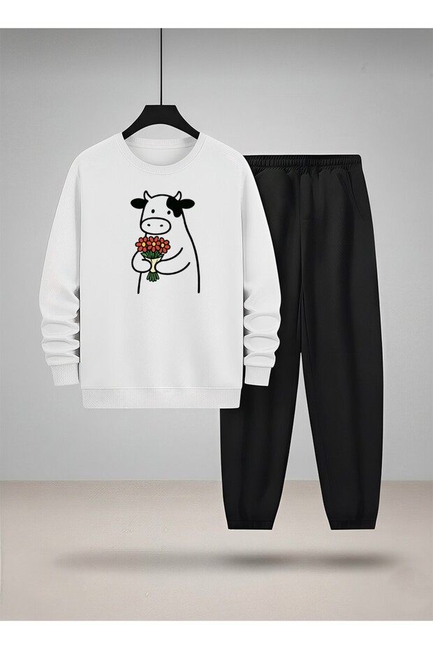 Children's Crew Neck Sweatshirt and Sweatpants Set Cow Holding Flowers Ba Printed Threaded Raised Letters
