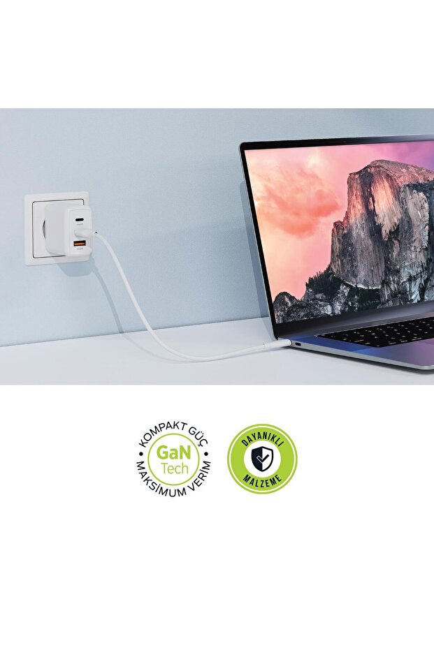 PSM135 65W PD Hızlı Şarj Adaptörü 2 Type-C + USB Çıkış (3 Port) Güvenli Şarj Beyaz - 3