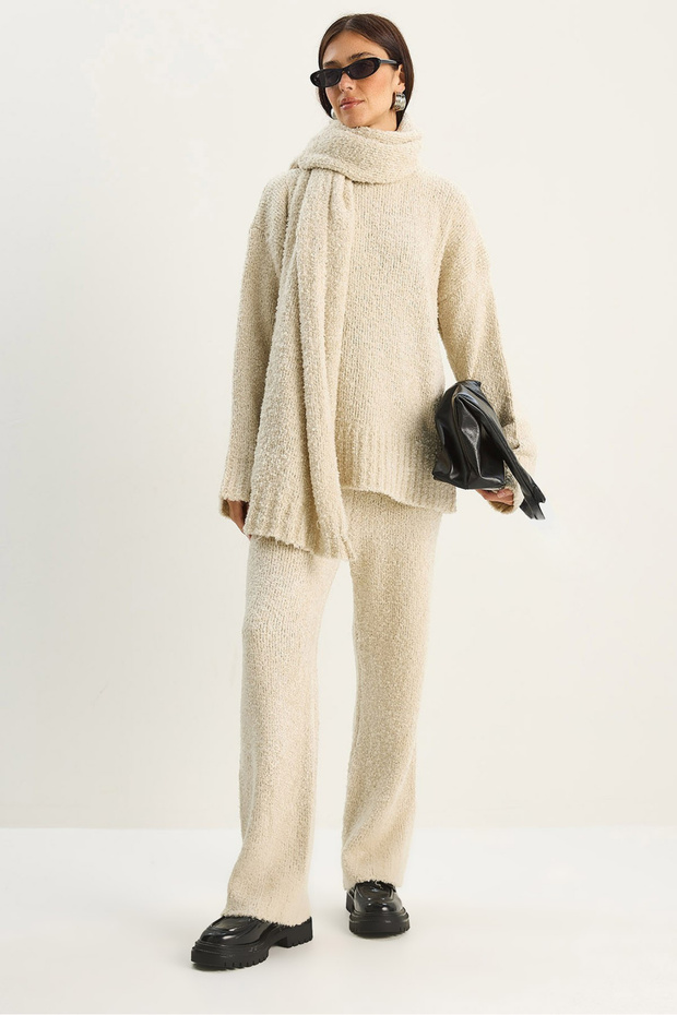 Women's Cream Soft Textured Comfortable Cut Knitwear Set 2480 60283755