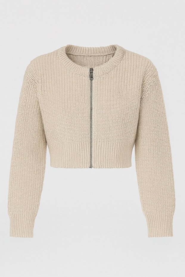 Yuvarlak Yaka Fermuarlı Basic Crop HIRKA - 3