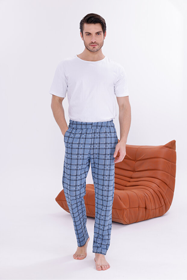 Men's Cotton Pocket Plaid Printed Elastic Waist Stylish Pajama Bottoms Light Blue 20