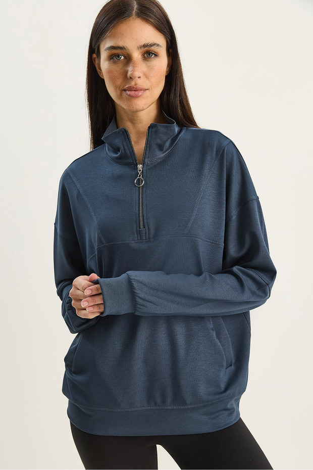 Women's Smoked Stand Collar Half Zipper Pocket Detailed Oversize Modal Sweatshirt 60601053