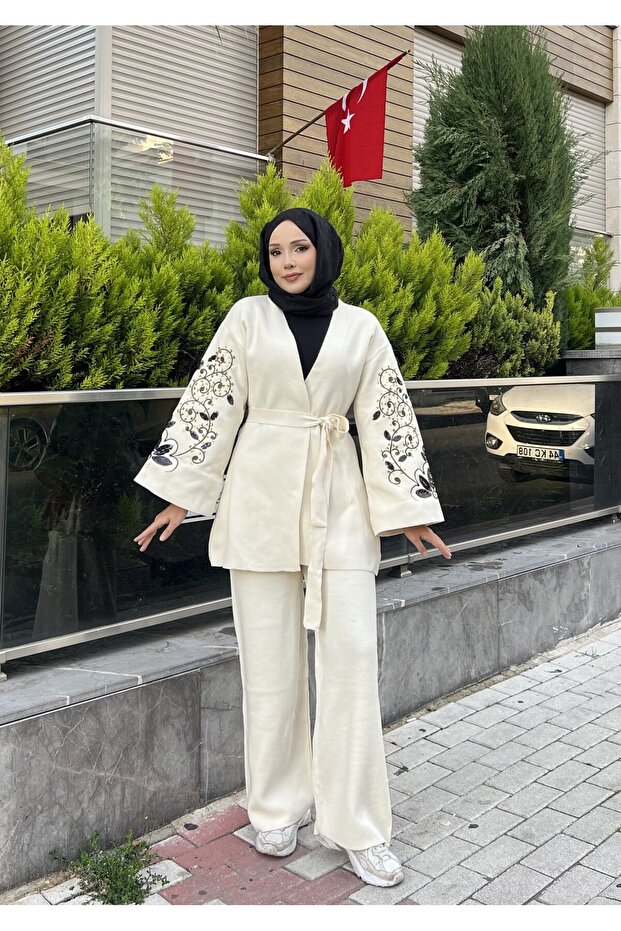 Nakışlı Pullu Triko Kimono Takım - 6