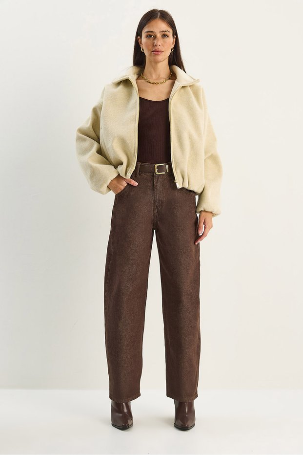 Women's Brown Pocket Detailed Belted Baggy Denim Trousers 5288 60283781