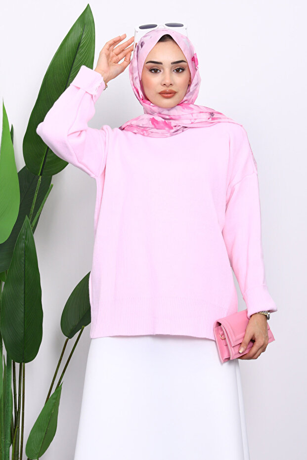 Pink Crew Neck Soft Textured Oversized Knitwear Sweater