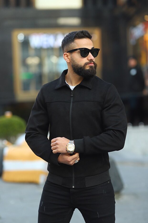 سترة موسمية من الجلد السويدي بتصميم أنيق أساسي مع أشرطة مضلعة - 2