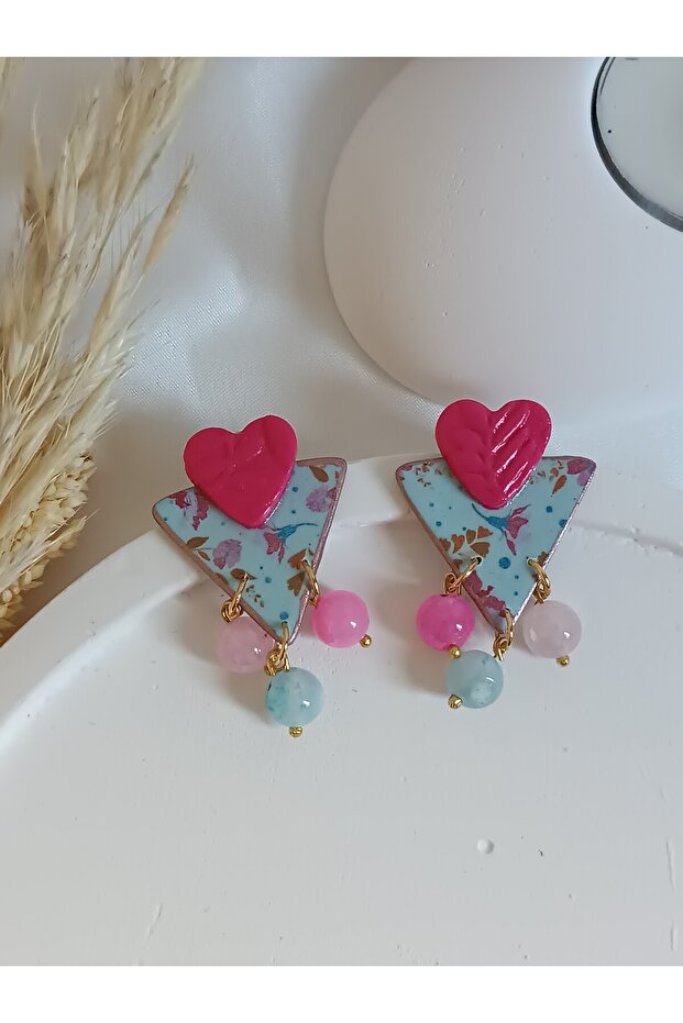 Natural Stone Blue Pink Flower Pattern Heart Polymer Clay Earrings Steel Earring Apparatus