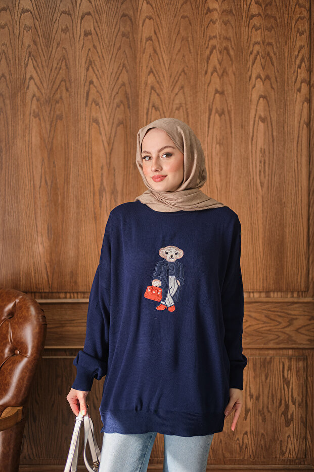 Women's Teddy Bear Embroidered Knitwear Set Navy Blue
