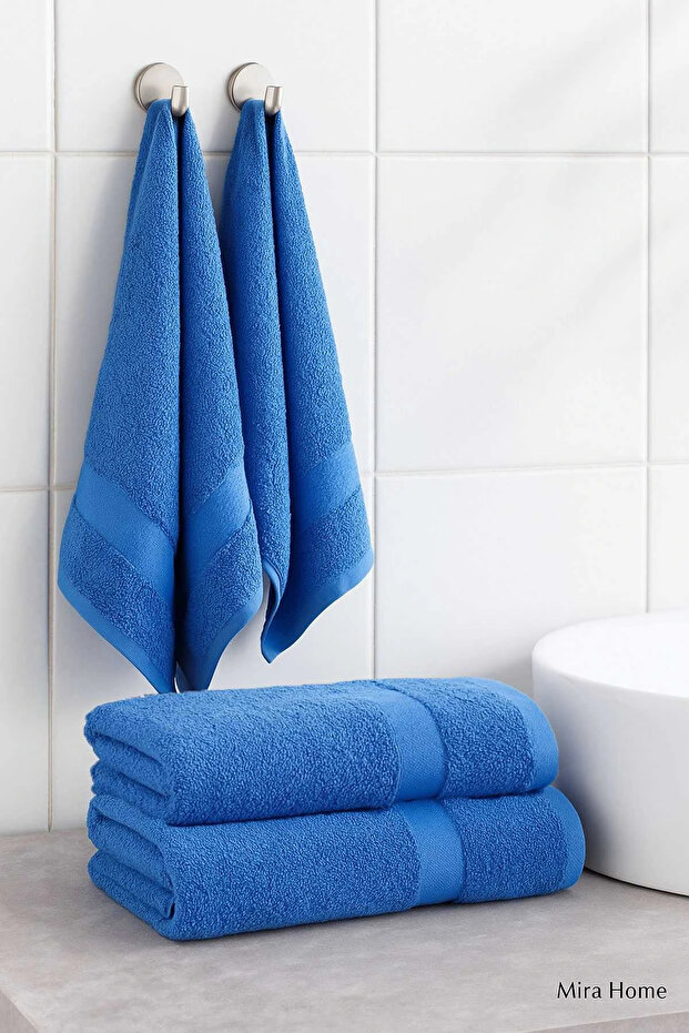 4 Piece Economical Bath Towel Set 100% Cotton Quickdry Blue Blue
