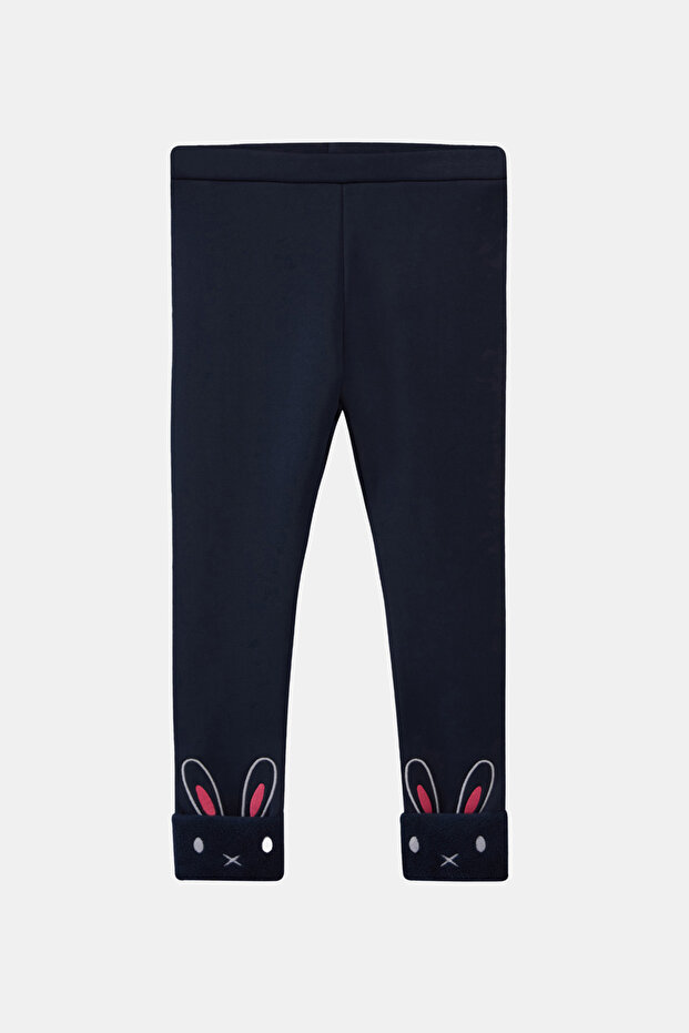 Dark Navy Blue Girls' Extra Thick Winter Leggings with Plush Ears and Rabbit Embroidery