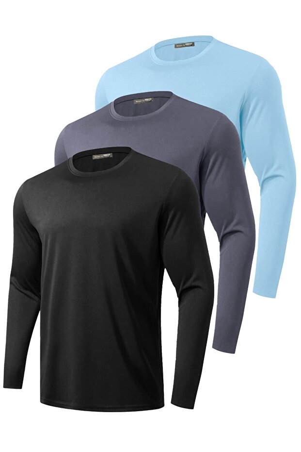 3-Pack Men's 100% Cotton Stretch Fabric Sports Running Daily Training Long Sleeve Combed Cotton T-Shirt