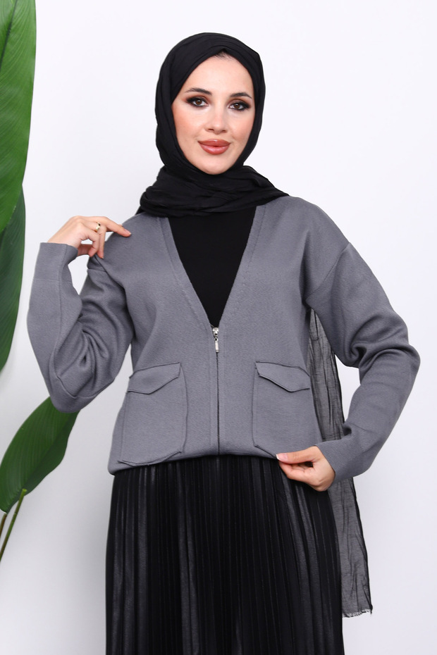 Smoked Double Pocket Zippered Knitwear Cardigan