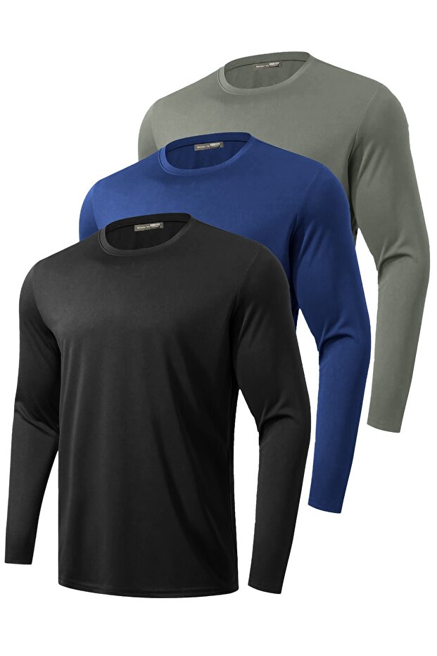 3-Pack Men's 100% Cotton Stretch Fabric Sports Running Daily Training Long Sleeve Combed Cotton T-Shirt