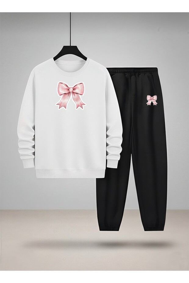 Girl's Crew Neck Sweatshirt and Sweatpants Set Pink Ribbon Printed 3 Thread Raised