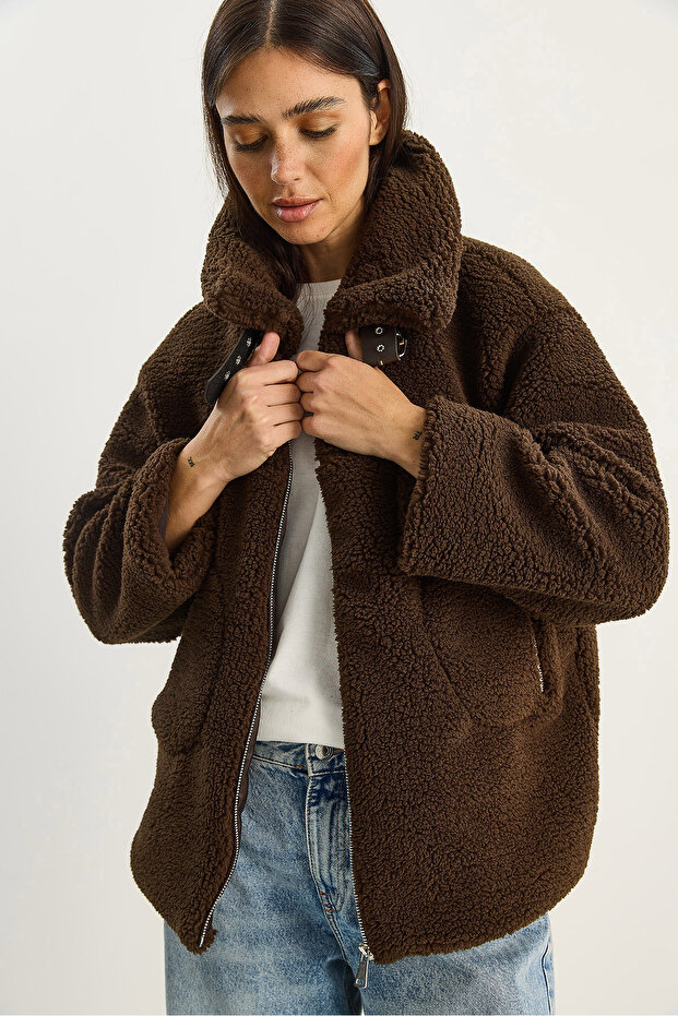 Women's Bitter Brown Collar Belt Detailed Lined Plush Coat with Pockets 2635 60281122
