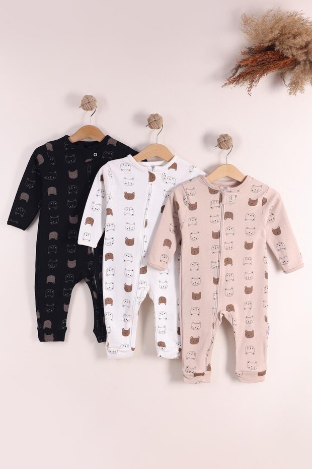 Brown Cat Zippered Boys' Jumpsuit Combed Cotton 100% Cotton Newborn Set of 3 Sleep Suits 3 Months 6 Months 9 Months