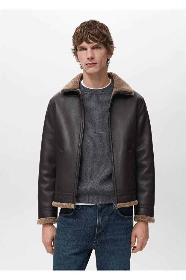 Kürklü deri görünümlü mont - 1