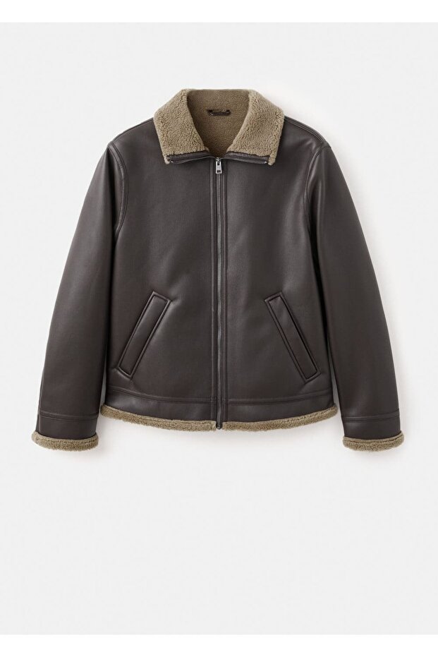 Kürklü deri görünümlü mont - 3