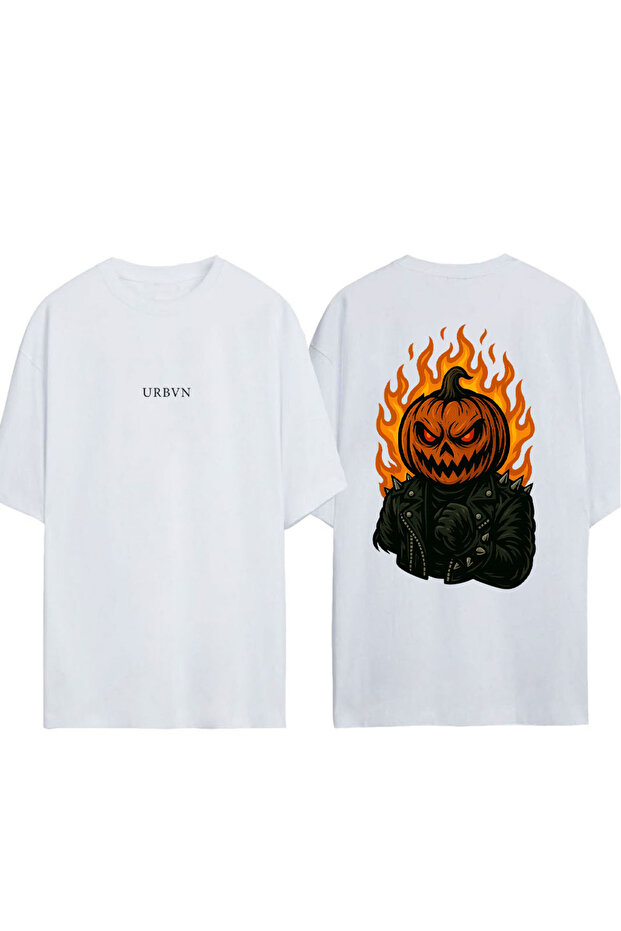 Halloween Monster Design Printed White Oversized T-Shirt