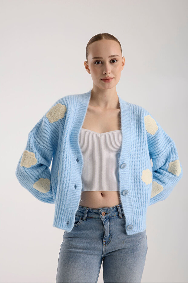 Bulut Desenli Oversize Triko Hırka - 9