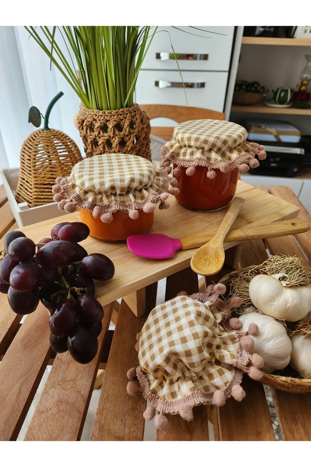 Brown Gingham Canning Jar Lid Cover with Pompom (6 Pieces)