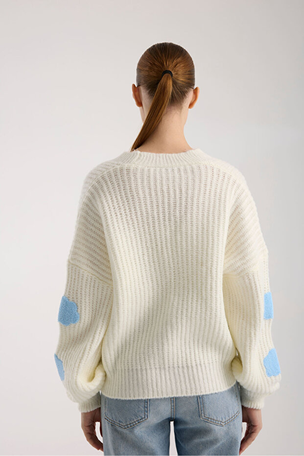 Bulut Desenli Oversize Triko Hırka - 7