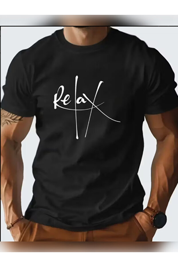 Unisex Oversized RELAX2 Printed Crew Neck Short Sleeve BLACK T-shirt