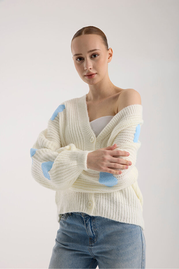 Bulut Desenli Oversize Triko Hırka - 5