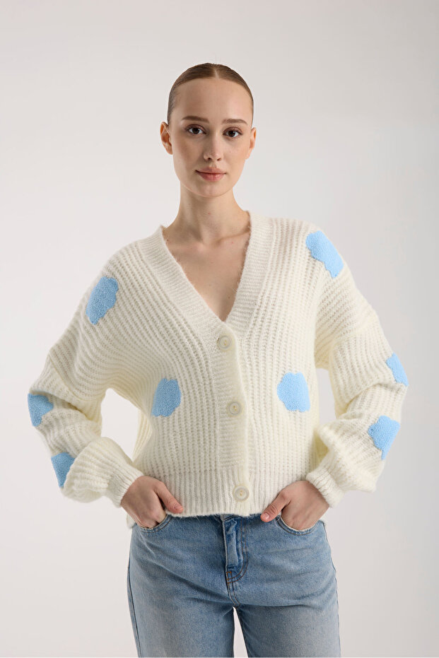 Bulut Desenli Oversize Triko Hırka - 1