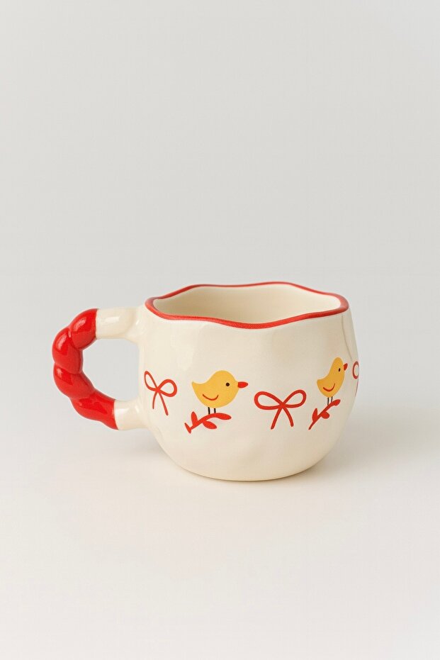 Handmade Ceramic Mug with Bow and Bird Pattern – Cream Coffee Cup with Red Handle