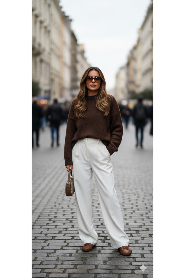 Brown Basic Oversize Soft Textured Wool Blend Knit Sweater