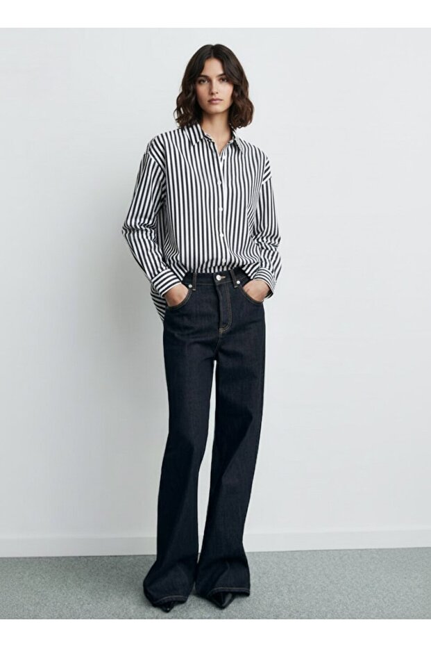 Long Sleeve Striped Button Front Black Shirt - 1
