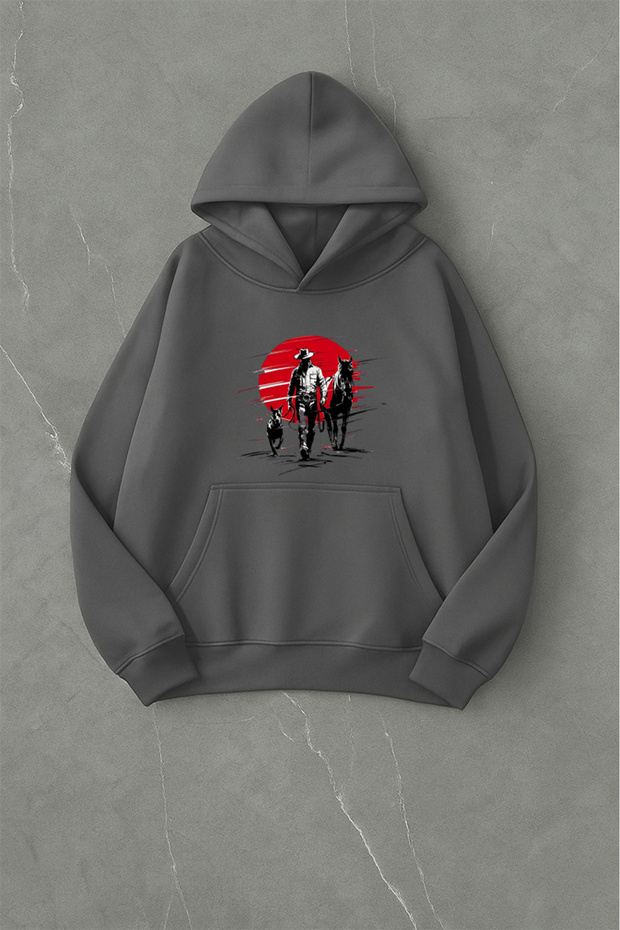 Cowboy Dog Horse Front Print Oversized Unisex Hooded Gray Sweatshirt