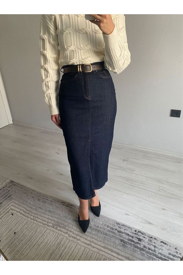 Belted High Waist Front Slit Midi Length Denim Skirt