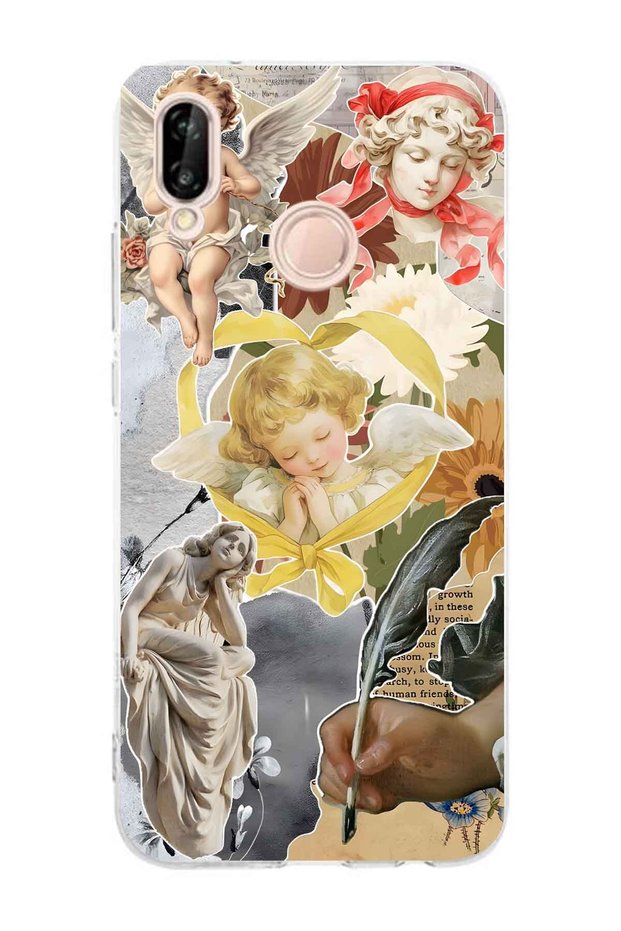 Huawei P20 Lite Compatible Angels and Sculpture Collage Pattern Transparent Phone Case