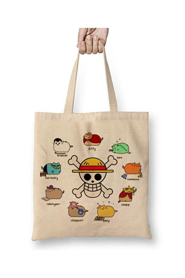 One Piece Cats Cats Characters White Cloth Bag Long Handle Shopping Bag Beach Bag