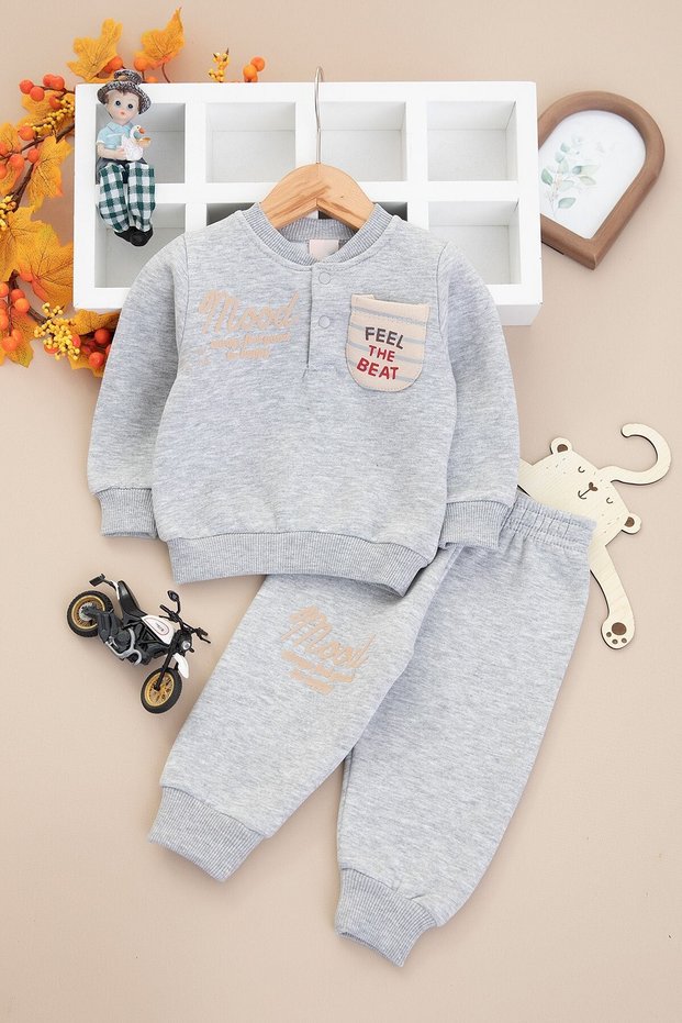 Boy Baby Three-Piece Fleece Shirt with Fleece-Lined Pocket Details Winter Suit 6-9-12-18-24 Months