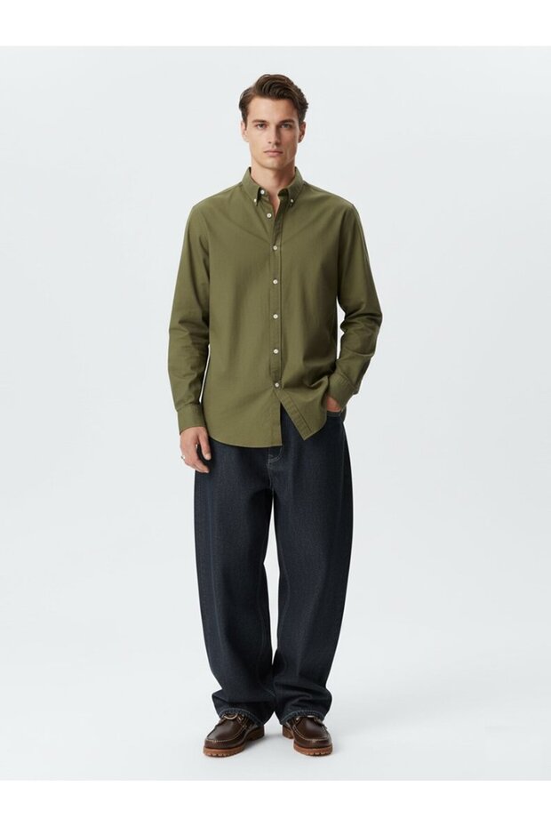 Uzun Kollu Önü Düğmeli Basic Yeşil Gömlek - 1