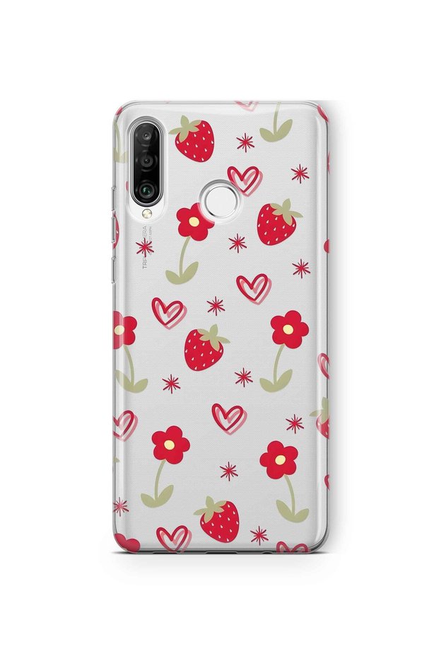 Huawei P30 Lite Compatible Strawberry and Heart Pattern Transparent Phone Case