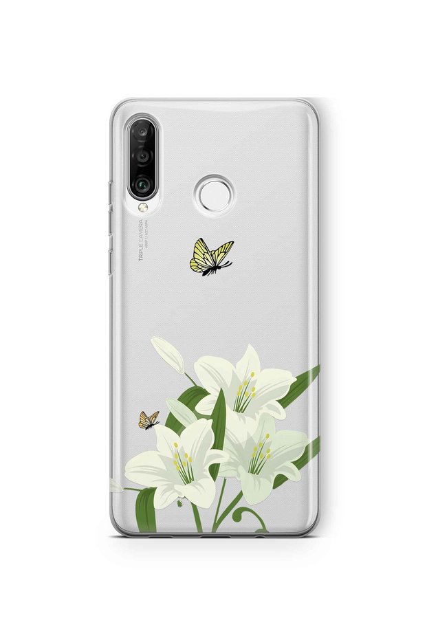 Huawei P30 Lite Compatible White Lily Pattern Transparent Phone Case
