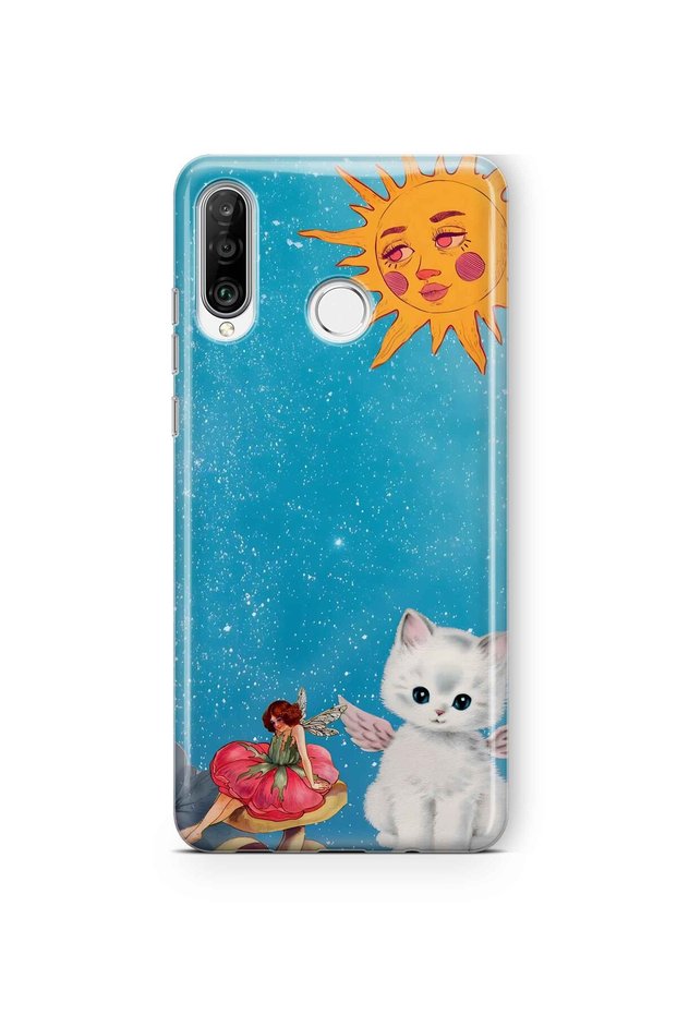 Huawei P30 Lite Compatible Sunny Fairy and Angel Cat Pattern Transparent Phone Case