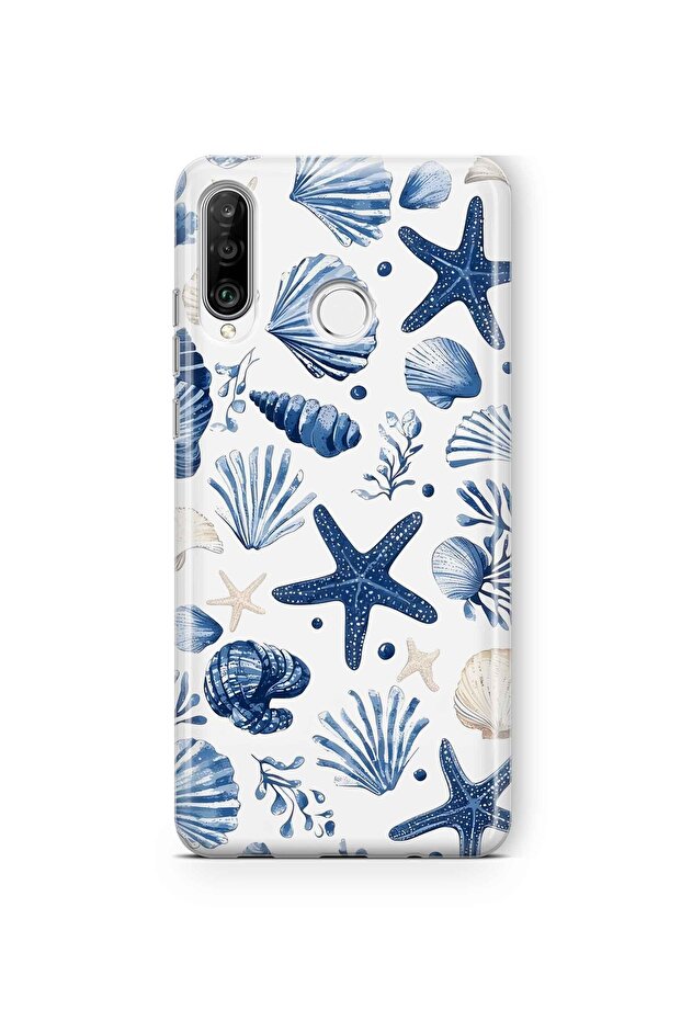 Huawei P30 Lite Compatible Starfish and Shells Pattern Transparent Phone Case - 1