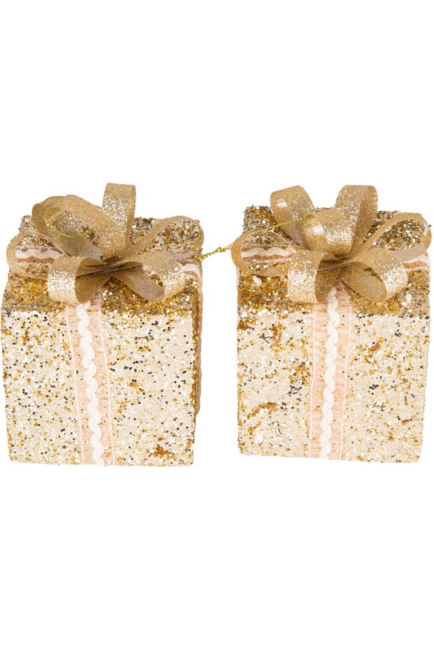 Christmas Ornament, Gift Wrap, Glitter, Gold - with Ribbon, Pack of 2, 10 cm