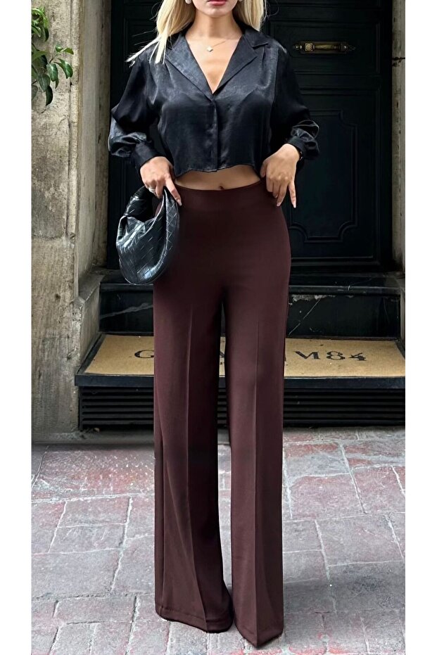 Wide Leg High Waist Full Lycra Crepe Fabric Relaxed Fit Trousers